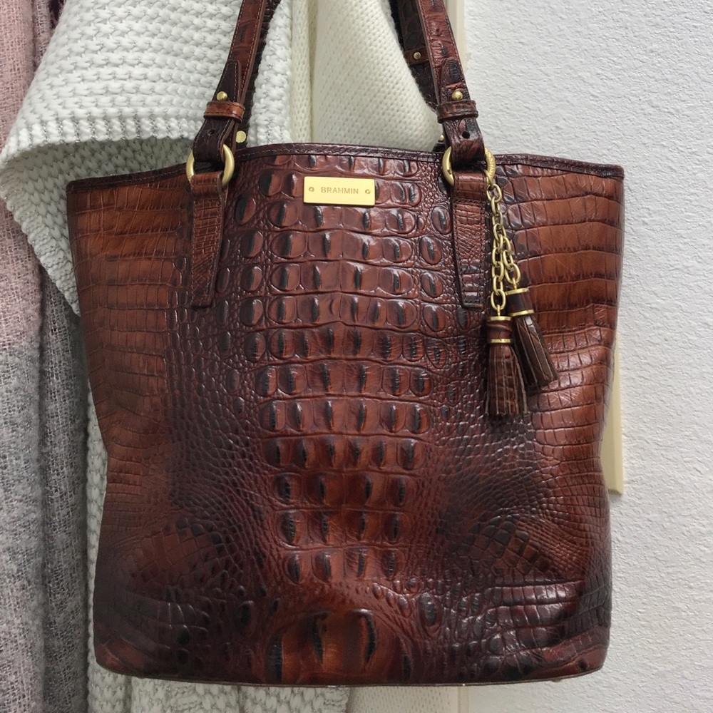 Brahmin Crocodile-Embossed Medium Tasseled Tote